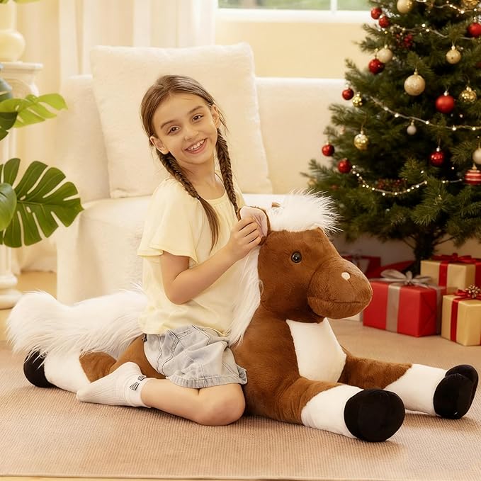Tezituor 43.3 Inch Giant Horse Stuffed Animals with Long Hair, Realistic Stuffed Horse Plush Toys for Riding, Hugging Brown Horse Plush Pillow for Boys Girls Christmas Birthday Decoration
