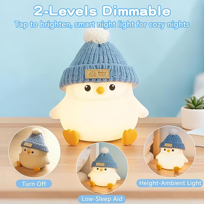 FAMIDUO Penguin Night Light with Knit Hat, Cute Silicone Nursery Lamp - Dimmable Squishy Animal Light - Heartwarming Gift for New Mom, Kids Birthday & Baby Shower - Kids Room Decor