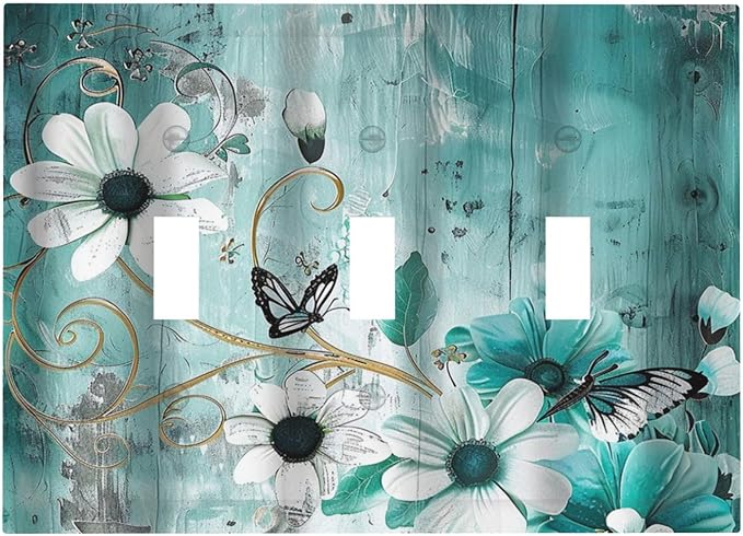 Decorative Switch Plate Covers Turquoise Flowers and Butterflies Rustic Teal White Floral 3 Gang Wall Plate Light Switch Cover Plate Triple Toggle Jumbo Electrical Faceplate for Bedroom Decor
