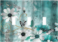 Decorative Switch Plate Covers Turquoise Flowers and Butterflies Rustic Teal White Floral 3 Gang Wall Plate Light Switch Cover Plate Triple Toggle Jumbo Electrical Faceplate for Bedroom Decor