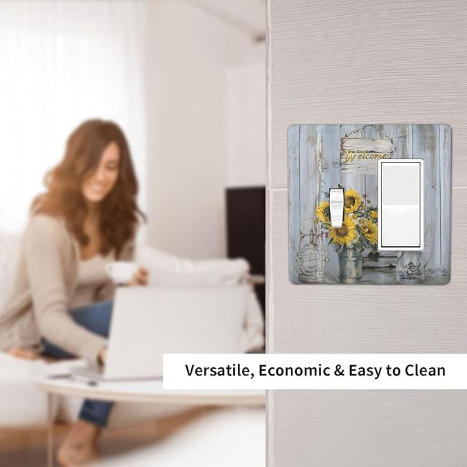 Rustic Sunflower Floral Vintage Wood Board Outlet Covers 1 Toggle 1 Rocker Combination Decorative Wall Plate Electrical Switch Plates Light Switch Cover Plate for Farmhouse Home Decor