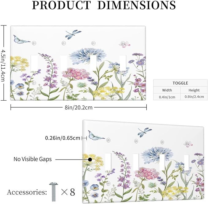 Colorful Wildflowers Dragonfly Lavender Butterfly Insect Light Switch Covers Quad Toggle Electrical Faceplate 4 Gang Wall Plate Decorative Switch Plates Cover for Bedroom Living Room Decor