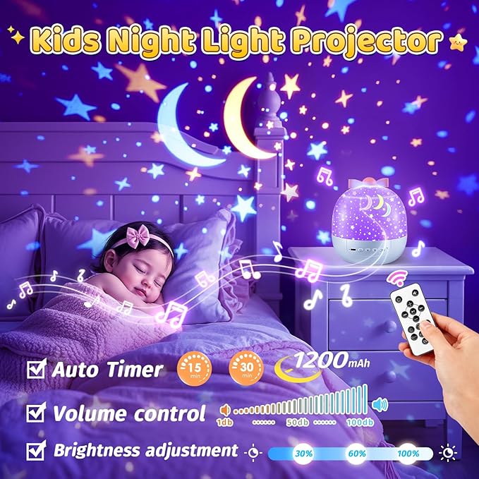 PIKOY Star Projector for Kids Gifts, 15 Films+15 Soothing Sounds Machine Baby Night Light Projector, Remote 360° Rotation Fruit Ocean Star Lights for Ceiling Decor, Kawaii Birthday Gifts Girls Toys