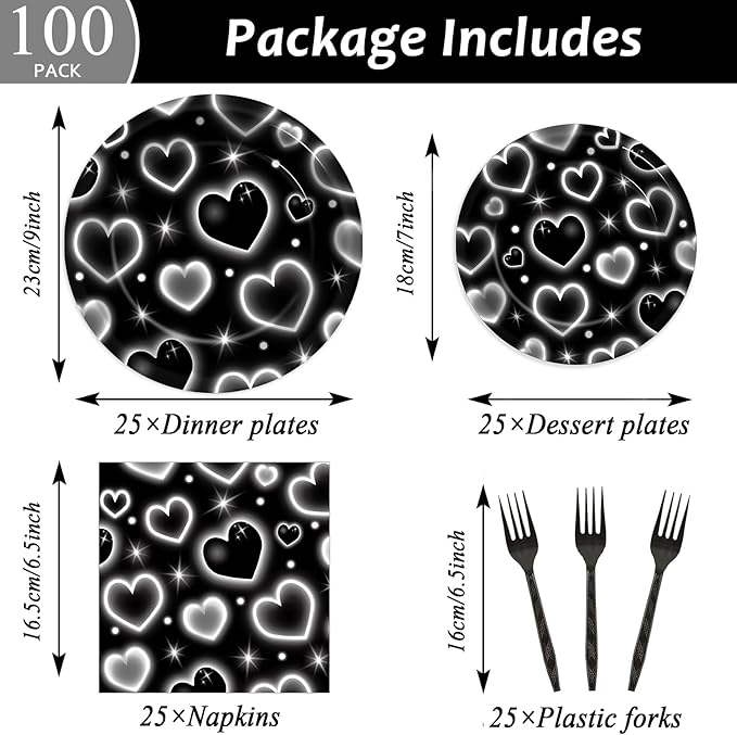 Qyeahkj 100 Pcs 2000s Party Plates Napkins Forks Set Black Heart Tableware Supplies Y2k Theme Birthday Party Decoration Early 2000s Dinnerware Decorations Favors for Birthday Party Serve 25