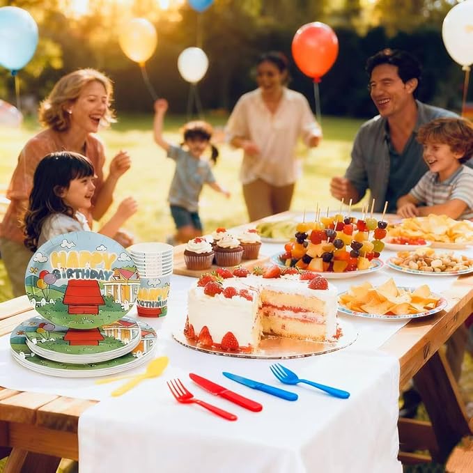 Cartoon Dog Party Supplies for kids Cartoon Themed Birthday Party, Peanuts Party Decorations Disposable Tableware Set With Plates, Cups, Napkins & Cutlery for 24 Guests