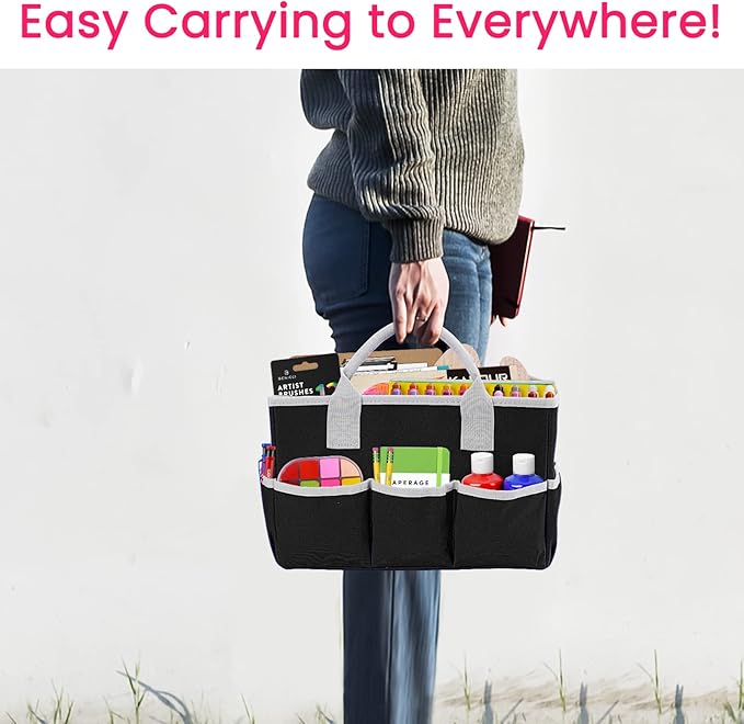 Godery Desktop Tote and Stock Organizer, Teacher Helper Tote Bag Organization for Arts, Books, Stationery, Office Desk Organizer, Make-up Storage Tote with Handles for Travel, Black-Gray