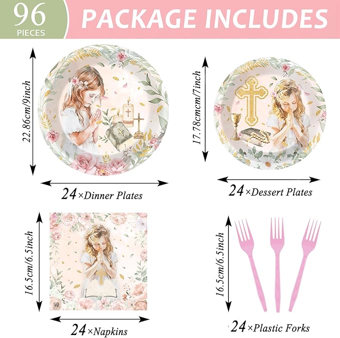 96Pcs First Communion Plates and Napkins for Baptism God Bless Party Supplies Pink Mi Primera Comunion Paper Dessert Plates Tableware Set for Girl 24 Guests Baby Birthday Christening Party Decorations
