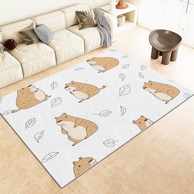 Cartoon Animal Capybara Rugs 4×5.2ft Non-Slip Soft Washable Area Rug for Nursery Kids Girls Boys Bedroom, Ultra-Thin Low Pile Carpet for Living Room Dorm Dining Room Decor