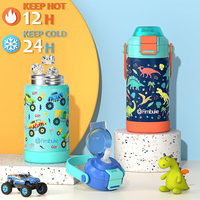 Fimibuke Kids Insulated Water Bottle with Pop-Open Straw & Spout 2-in-1 Lid, 14oz Leak Proof 18/8 Stainless Steel Vacuum Tumbler, BPA-Free Kids Cup For Travel School Girls Boys Toddler 2Packs