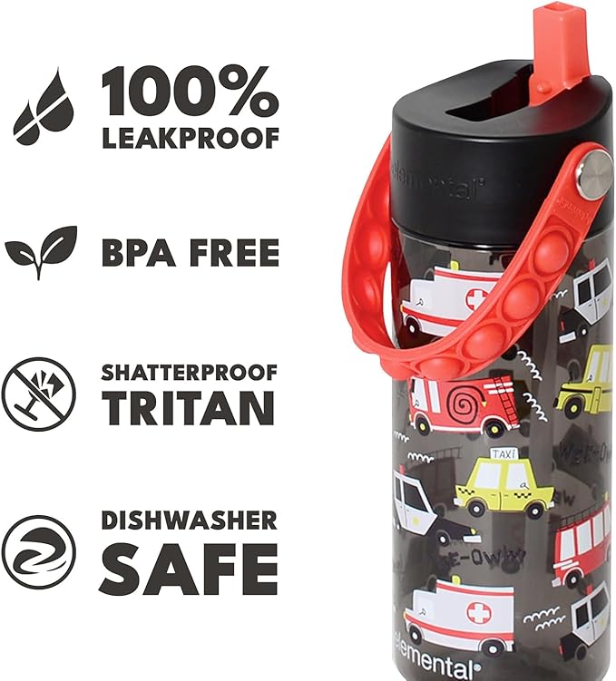 Elemental Water Bottles for Kids - Splash Kids Water Bottle for School with Pop-it Handle - BPA Free Tritan Plastic Water Bottle with Straw Leak Proof when Spout is Closed - Service Vechicle - 18oz