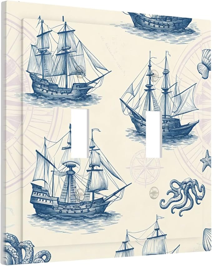 Vintage Nautical Ships Double Toggle Switch Cover - 2-Gang Standard US Size Old World Sailing Vessels Light Switch Covers, Blueprint Design for Beach House Decor