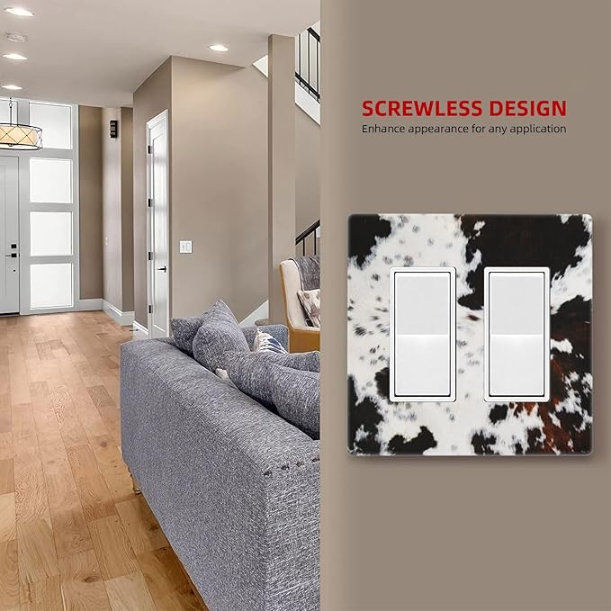 Brown Black and White Cheetah Farm Cattle Cow Skin Fur Print 2 Gang Double Rocker/Decorator Gfci Outlet Light Switch Wall Plate Cover Decorative Electrical Face Plate for Dimmer, USB Outlet Scewless