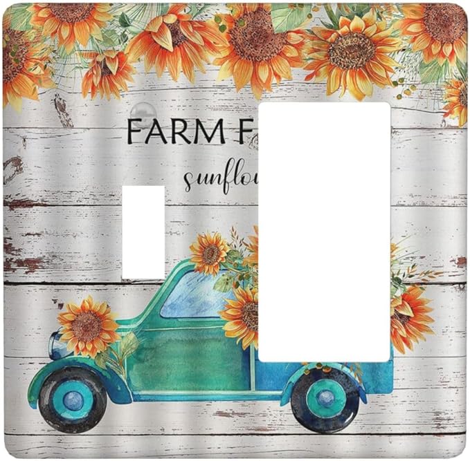 Decorative Outlet Covers Teal Farm Truck Pulling Sunflowers 2 Gang 1 Gang Wall Plate Single Toggle Rocker Device Combination Light Switch Cover Plate Jumbo Switch Plate Cover for Farmhouse