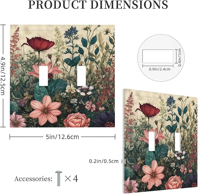 Decorative Light Switch Cover Rustic Wildflower Red Floral Green Plant 2 Gang Wall Plate Oversized Double Toggle Two Switch Dual Device Face Plate