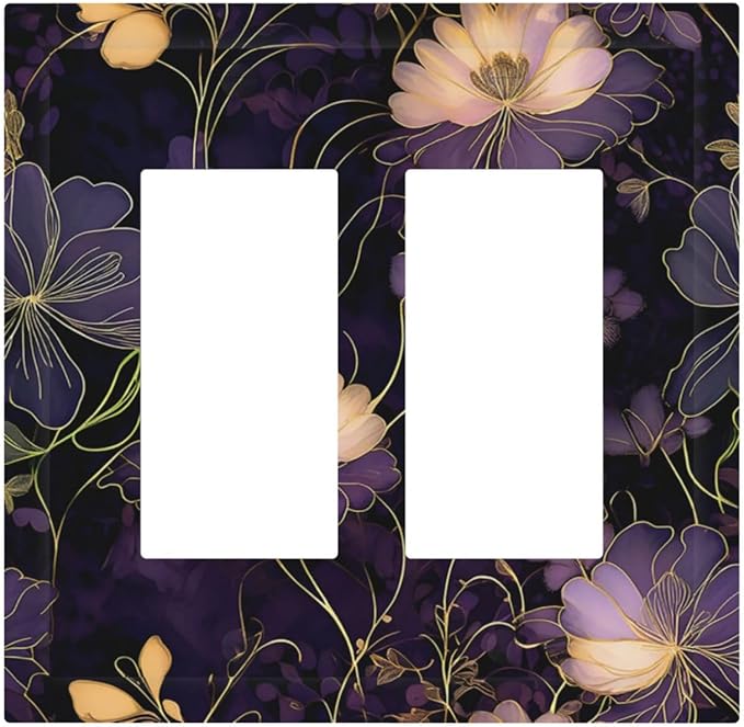 Modern Boho Vintage Gold Purple Dark Floral Modern Abstract Flowers Decorative Outlet Covers 2 Gang Double Gfci Rocker Electrical Wall Panels Light Switch Cover Plate for Bedroom Living Room