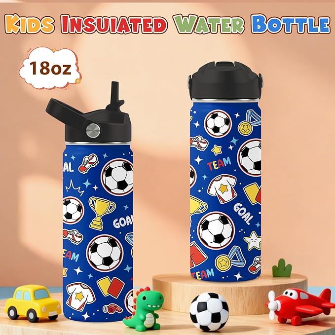 Soccer Gifts for Kids - 18 Oz Kids Water Bottle with Straw Lid, Stainless Steel Insulated Tumbler, Leak Proof, BPA-Free, for Girls, School, Travel - Soccer Lovers Children Birthday Gifts Cups(1pc)