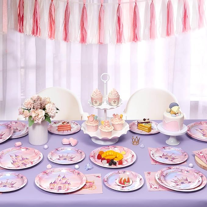 WERNNSAI Princess Party Decorations - 48PCS Princess Birthday Decorations Set Includes Plates Napkins Castle Crown Design for Pink Themed Birthday Party Picnic Wedding Serves 16 Guests