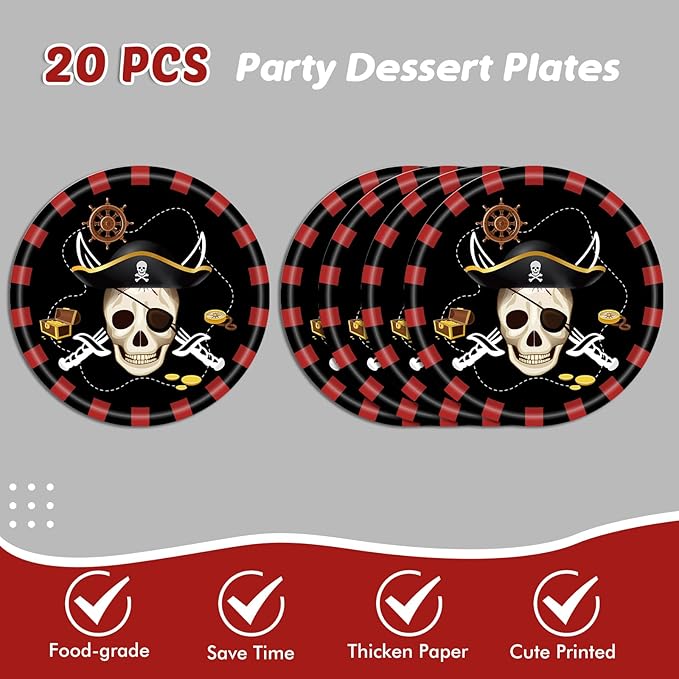 62Pcs Pirate Birthday Party Supplies Decorations, Pirate Treasure Theme Dinnerwares Includes 20pcs 9''Plates and 20pcs 7''Napkins with 2pcs Tablecloth for 20 Guests, Disposable Party Dessert Tableware