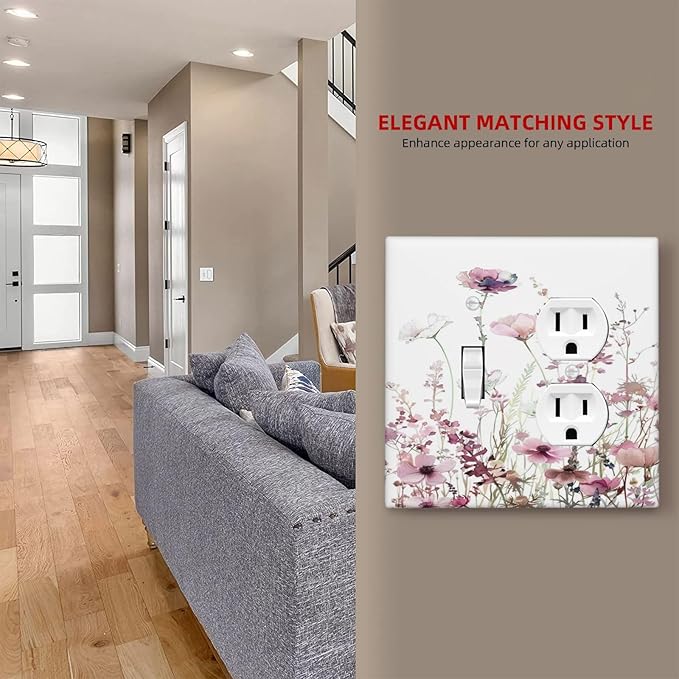 Floral Pink Watercolor Wildflowers Plant Flower Wallplates 1 Toggle 1 Duplex Switch Plate Electrical GFCI Faceplate Decorative Light Switch Covers for Bedroom Living Room Decor