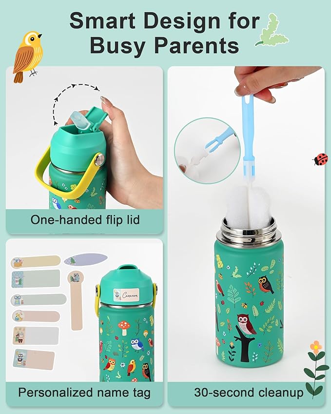 WixByti Kids Water Bottle 14oz with Silicone Straw Lid - Insulated Toddler Water Bottle Stainless Steel Keeps Cold 24H, Leak Proof & Birds Prints Design | Custom Name Tag for School, Daycare, Travel
