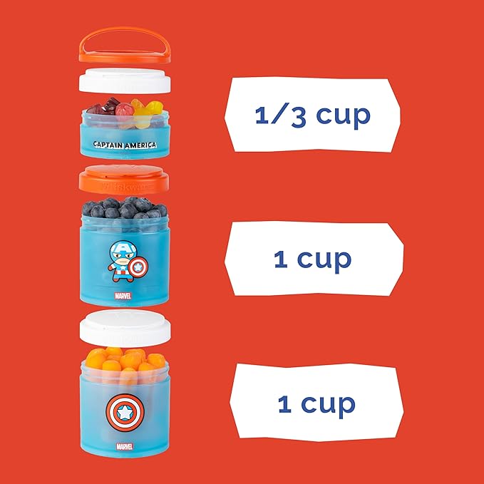 Whiskware Marvel Stackable Snack Containers for Babies, Kids, and Toddlers, 3 Stackable Snack Cups for School or Travel, Formula and Cupholder Friendly, Captain America