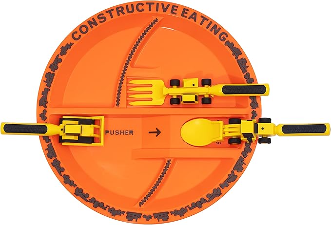 Constructive Eating Plate and Utensils Set - USA-Made Toddler Dinnerware with Divided Plates (Construction)