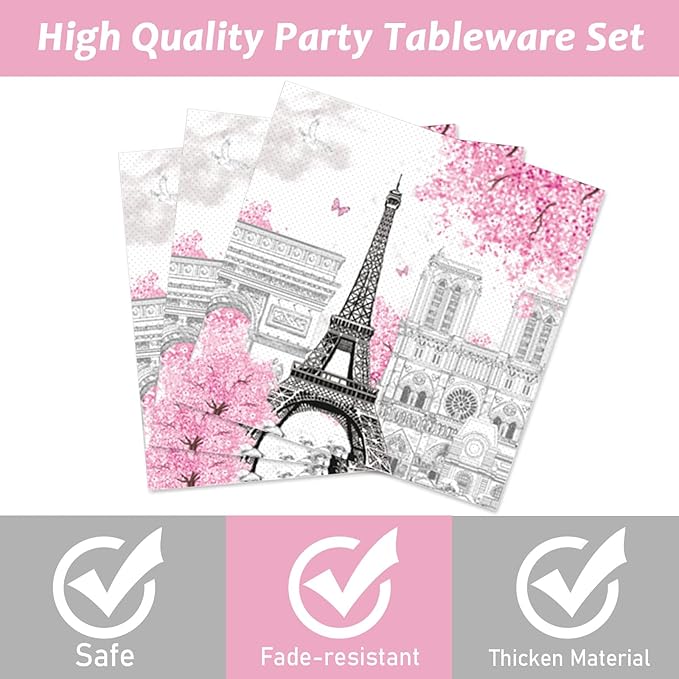 Naozinebi 200pcs Paris Eiffel Tower Plates Napkins Parisian Party Paris European City Tableware Set Landscape Pink Dinnerware Paper Tableware Bundle Baby Shower Decor Supplies Serve 50
