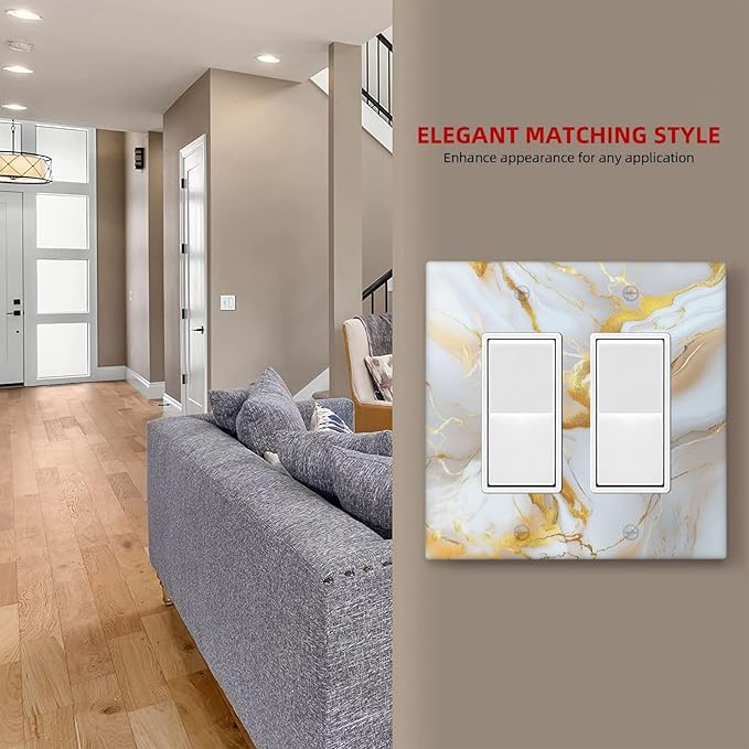 Decorative Outlet Covers Abstract Gold Marble Design with White & Gold 2 Gang Wall Plate Double Rocker Light Switch Cover Switch Plate Cover for Modern Luxurious Decor