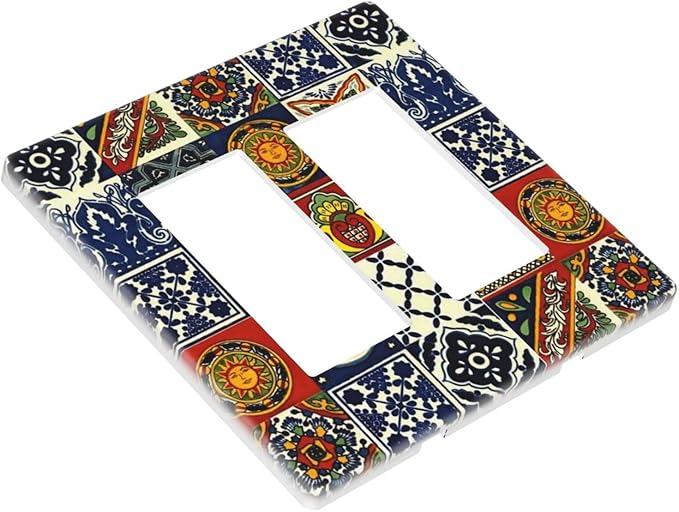 Mystic Aesthetic Blue/Red Boho Sun Moon Tile 2 Gang Double Decorator GFCI/Rocker Wall Plate Mexican Talavera Bohemian Tiles Electrical Outlet Decorative Receptacle Cover Light Switch for Dimmer, USB