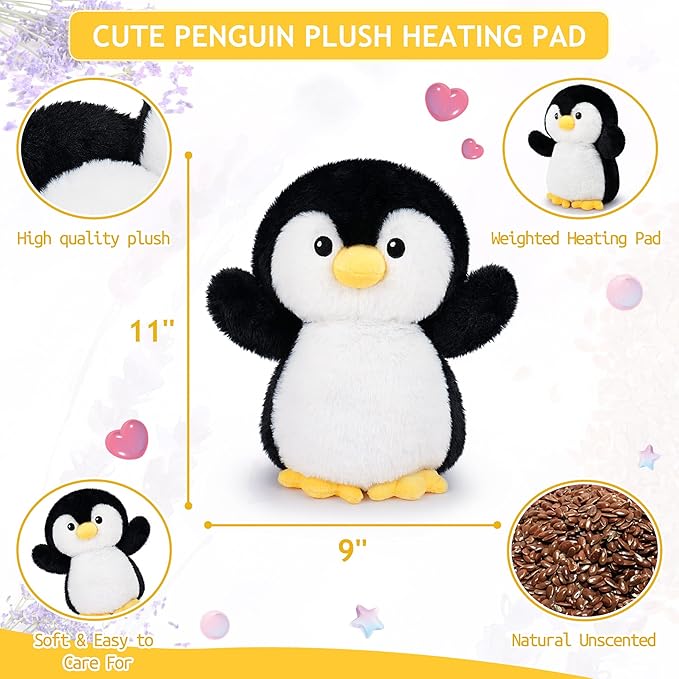 Penguin Microwavable Heating Pad-1.2lb Heating Pads for Cramps &Period Pain Relief for Women & Kids,Soft Pillow Plush Toy, Coolable & Heatable Weighted Stuffed Amimals, Birthday Gift for Women Kids