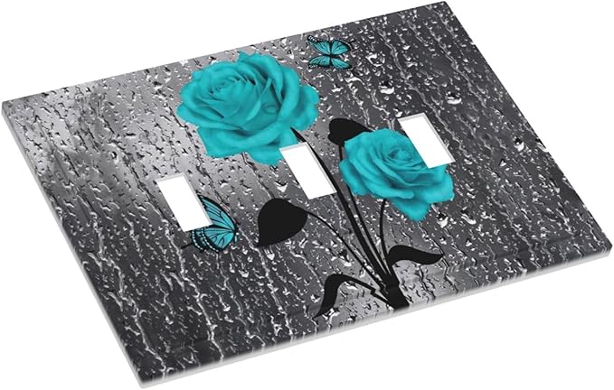 Romantic Elegant Butterfly Turquoise Teal Blue Gray Rose Flower Floral Triple Toggle Decorator Outlet Light Switch Wall Plate Cover Decorative 3 Gang Jumbo Size Three Device Receptacle Faceplate Cover
