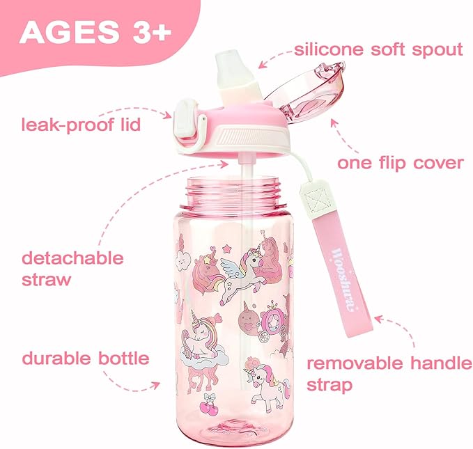 Kids Water Bottle for School or Travel, 20 Oz 2 Pack Durable Plastic Water Bottle with Silicone Straw and Pop-Up Spout Cover, BPA Free & Dishwasher Safe(Unicorn & Dinosaur)