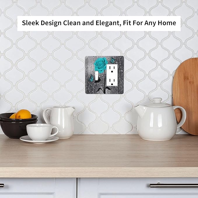 Romantic Aqua Teal Blue Rose Flower Floral Butterfly Decorative Single Toggle/Rocker Combo Light Switch Cover 2-Gang Electrical Wall Plate Double Combination Switch Decorator GFCI Receptacle Cover