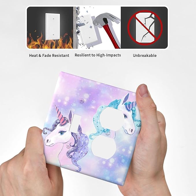 Rainbow Purple/Blue Unicorn 2-Gang 1-Toggle 1-Duplex Device Combination Wallplate Cute Funny Fantasy Animal Dreamy Nursery One Toggle Switch and One Duplex Receptacle Outlet Combo Light Switch Cover