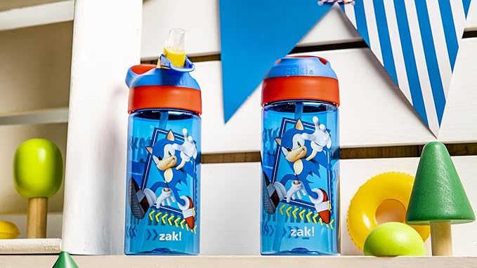 Zak Designs Sonic the Hedgehog Kids Water Bottle with Spout Cover and Built-in Carrying Loop, Made of Durable Plastic, Leak-Proof Water Bottle Design for Travel (17.5 oz, Pack of 2)