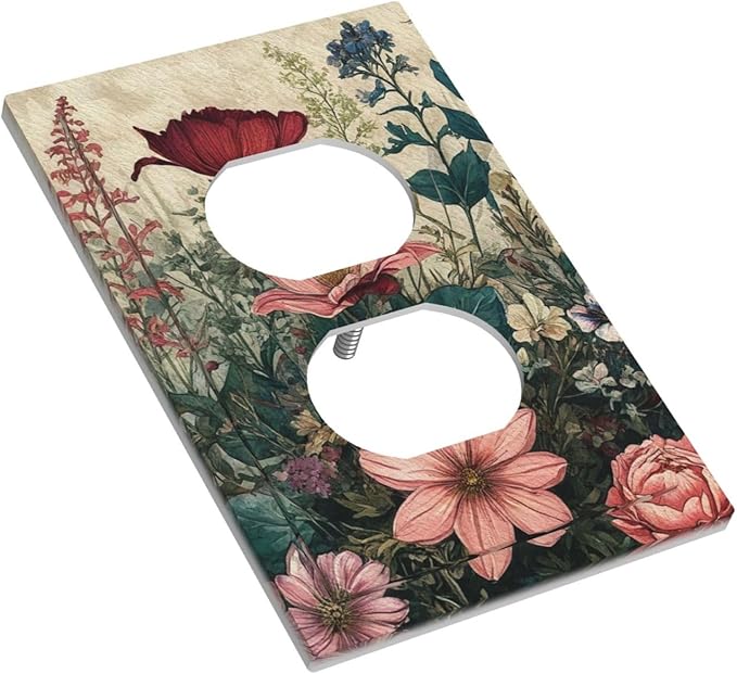 Decorative Outlet Covers Rustic Wildflower Red Floral Green Plant 1 Gang Duplex Light Switch Cover Plate Wall Plates for Electrical Outlets Electrical Switchplate Face Plate