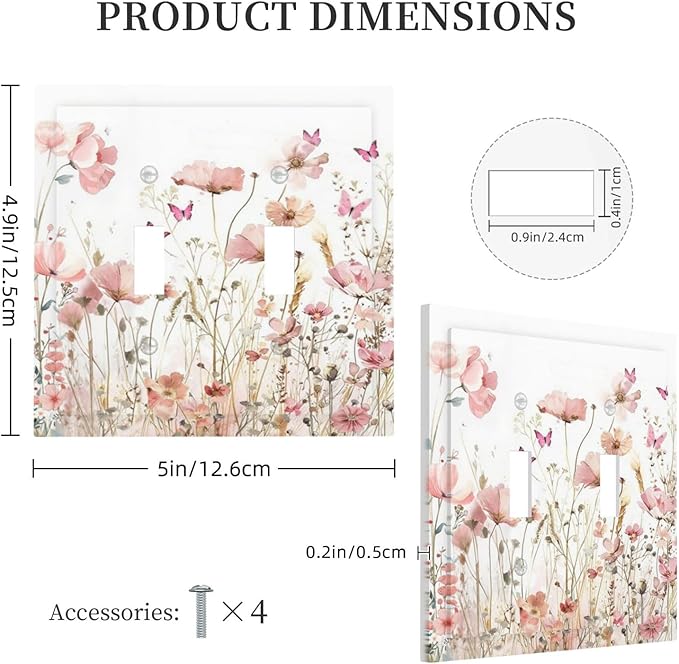 Boho Floral Watercolor Pink Wildflower Butterfly Decorative Switch Plates 2 Gang Double Toggle Outlet Light Switch Cover Wall Plate Electrical Faceplate for Bedroom Living Room Decor
