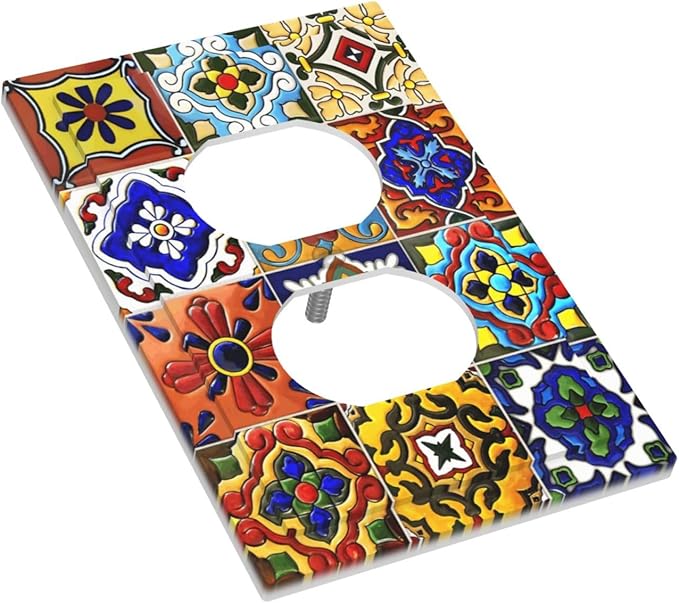 Vintage Colorful Boho Mexican Moroccan Tile Outlet Covers 1 Gang Duplex Light Switch Cover Decorative Switch Plates Electrical Receptacle Faceplate Wall Plate for Farmhouse Home Decor