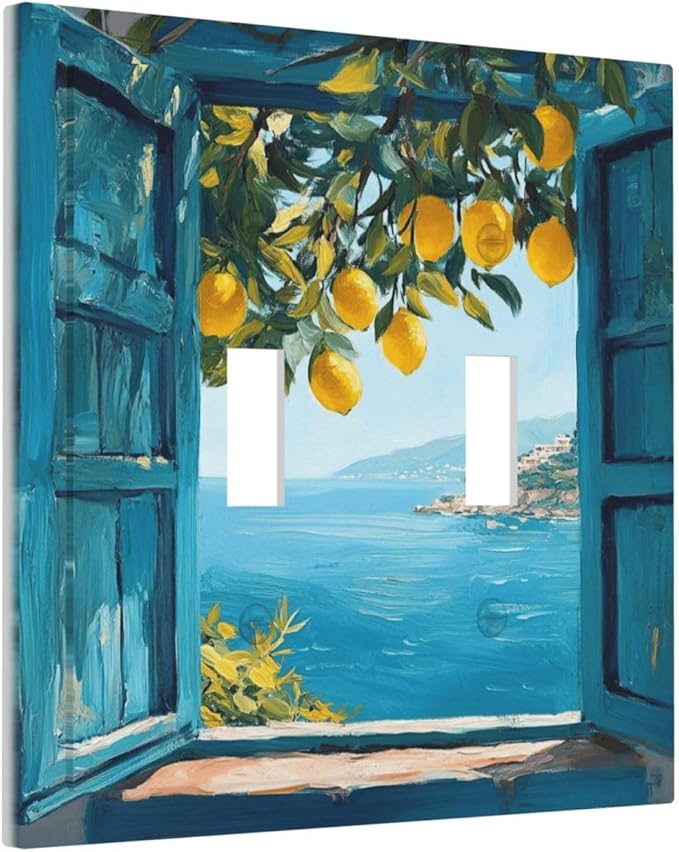 Window View Coastal Lemon Tree Mediterranean Landscape Decorative Switch Plates 2 Gang Double Toggle Outlet Light Switch Cover Wall Plate Electrical Faceplate for Bedroom Living Room Decor