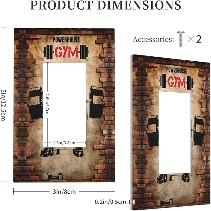 Vintage Gym Retro Brick Dumbbell Muscular Man Single Rocker Outlet Wall Plates 1 Gang Light Switch Cover Decorative Electrical GFCI Switchplate Dimmer for Bedroom Boyroom Bathroom Decor