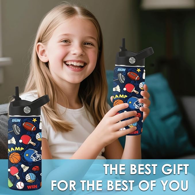 Sports Gifts for Men & Women - 16oz Water Bottle with Straw Lid, Stainless Steel Insulated Bottle, Leakproof, BPA-Free, for Boys Girls, School, Travel - Sport Balls Lovers Kids Birthday Gift Cup (1pc)