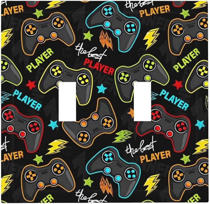 Kid Boys Gamer Gaming Game 2 Gang Double Toggle Light Switch Cover Electric Wall Plate Electrical Faceplate for Bathroom Home Living Room Jumbo Size Decor