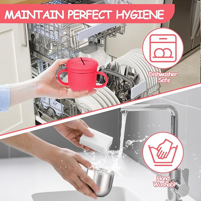 Toddler Snack Containers Stainless Steel Spill-Proof Snack Containers for Toddlers with Spill-Proof Silicone Lids and Handles 4-in-1 Baby Snack Cup is Dishwasher Safe for Easy use On The Go（Red）