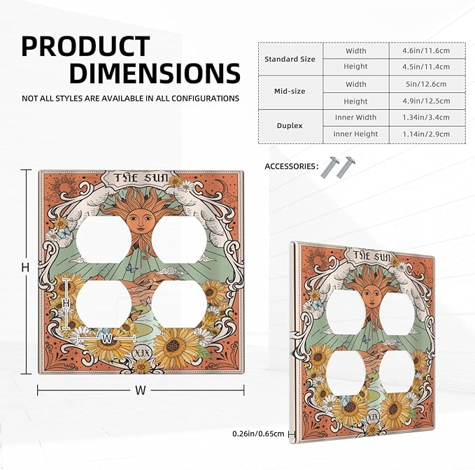 Boho Retro Sun Sunflower Vintage Flower Butterfly Outlet Covers 2 Gang Double Duplex Decorative Light Switch Covers Electrical Wallplates Socket Faceplate for Farmhouse Home Decor