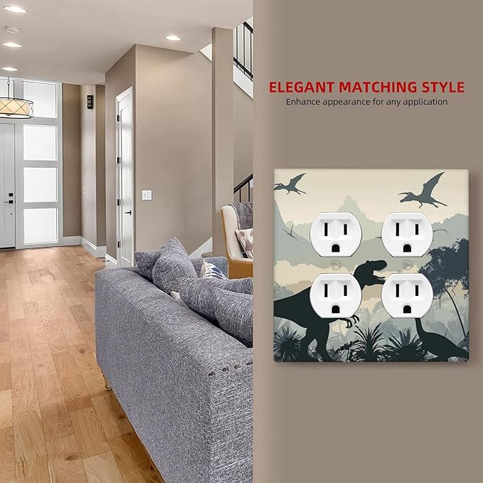Outlet Covers Prehistoric World Dinosaur Cartoon Fores 2 Gang Double Duplex Decorative Light Switch Covers Electrical Wallplates Socket Faceplate for Kids Room Nursery Decor