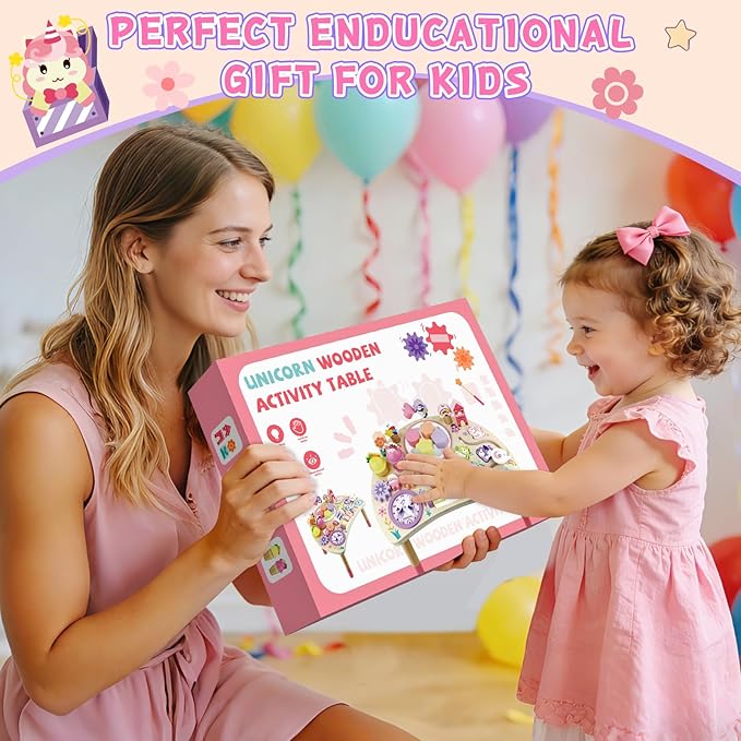 Wooden Activity Table for Toddlers 1-3, Unicorn 10-in-1 Montessori Busy Board with Bead Maze Shape Matching Gears Clock, Sensory Learning Toys for 1 2 3 Year Old Girls Boys Birthday Gift