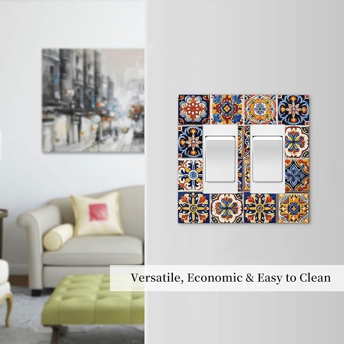 Mexican Talavera Tiles Flower Vintage Decorative Outlet Covers 2 Gang Double GFCI Rocker Electrical Wall Panels Light Switch Cover Plate for Kitchen Bathroom Decor