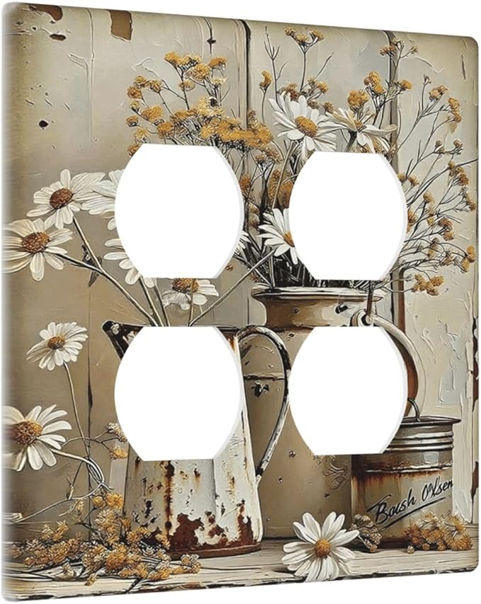 Rustic Flowers Daisy Floral White Wooden Planks Outlet Covers 2 Gang Double Duplex Decorative Light Switch Covers Electrical Wallplates Socket Faceplate for Farmhouse Home Decor