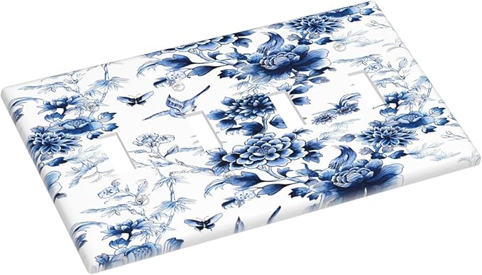 Blue Flower White Floral Plant Bird Butterfly Light Switch Covers Quad Toggle Electrical Faceplate 4 Gang Wall Plate Decorative Switch Plates Cover for Bedroom Living Room Decor