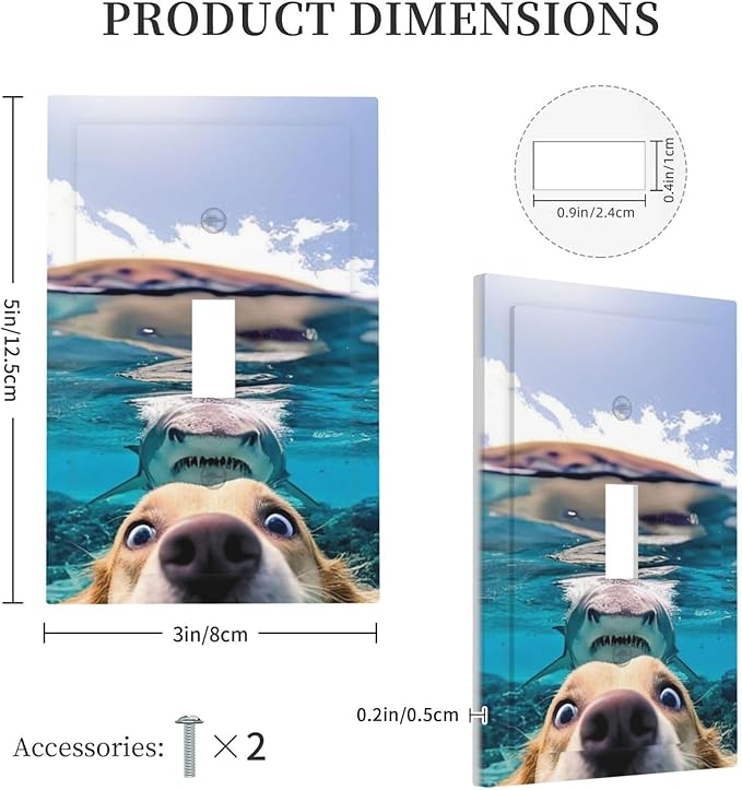 Decorative Light Switch Plate Covers Angry Shark Chased Funny Dog Underwater Sea 1 Gang Wall Plate Single Toggle Switch Cover Plate Jumbo Electrical Switchplate Receptacle Faceplate